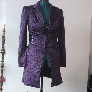 Purple Leopard-Print Tailored Coat with Corset Detail